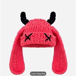 Deep Pink Devil Horn Beanie Hat – Plush Winter Cap with Black Horns & X Eyes